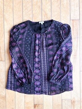 Laura Petite Sheer Paisley Black & Purple Print Blouse Size 14